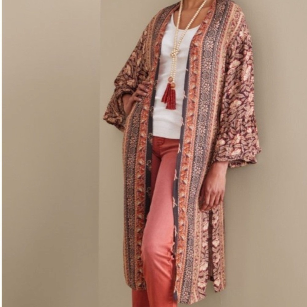 Soft Surroundings Womens Kimono MED Brown Floral Metallic Boho Duster Cardigan